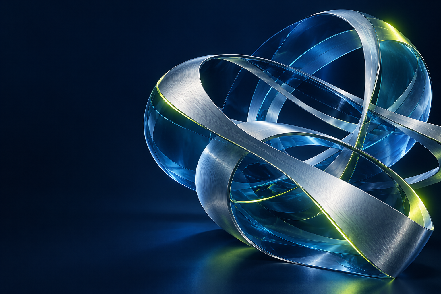 Abstract interlocking silver and blue computational forms